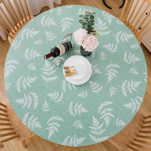 Round Vinyl Fitted Tablecloth with Flannel Backing Elastic Table Cloth Waterproof Oil-Proof Plastic Cover- Fits Tables up to 40" - 44" Diameter (Green Leaves)