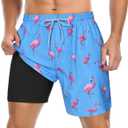 Century Star Mens Swim Trunks with Compression Liner Quick Dry Bathing Suits with Pockets Swim Shorts (3X-Large, 01 Sky Blue Flamingos)