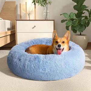 WESTERN HOME WH Calming Dog Bed & Cat Bed, Anti-Anxiety Donut Dog Cuddler Bed, Warming Cozy Soft Dog Round Bed, Dog Cat Cushion Bed for Small Medium Dogs and Cats (30.0"L x 30.0"W x 8.0"Th, Light Blue)