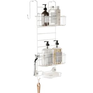Zenna Home Shower Caddy Hanging Over the Shower Door Organizer, Stainless Steel Rack with 2 Shelves and Built in Hooks, Bathroom Organizer Shelf for Inside Shower, Chrome