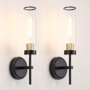 Wall Sconces Set of Two, Black and Gold Bathroom Sconces Wall Lighting with Clear Glass, Modern Sconces Wall Decor Set of 2, Farmhouse Wall Mount Lights for Mirror Bedroom Living Room Hallway Kitchen