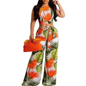 sexycherry Elegant 2 Piece Sets for Women Sexy Printing Crop Top Long Straight Pants Vacation Outfits Beach, Medium