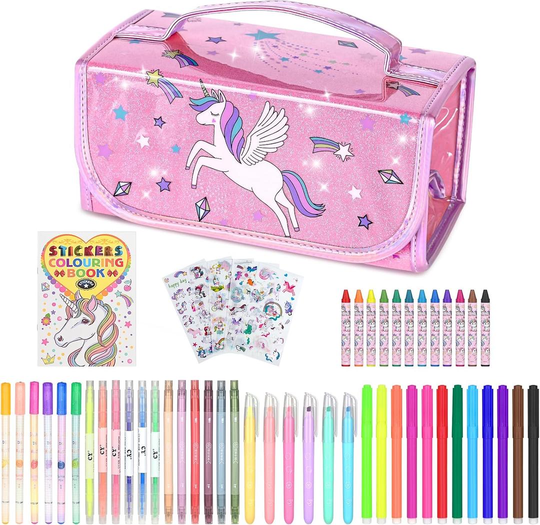 nasominako Washable Scented Markers Set for Kids - Unicorn Coloring Art Supplies Set for Kids Ages 4-8 Birthday Gifts for 4-8 Year Old girls Unicorn Pencil Case 54 PCS