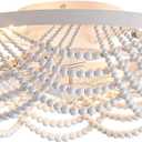 Boho Ceiling Fan with Lights Flush Mount,20 Inch Bohemia White Wood Bead Close to Ceiling Fan Light, 4 Lights Low Profile Enclosed Ceiling Fans with Remote Control for Bedroom Living Room Kitchen