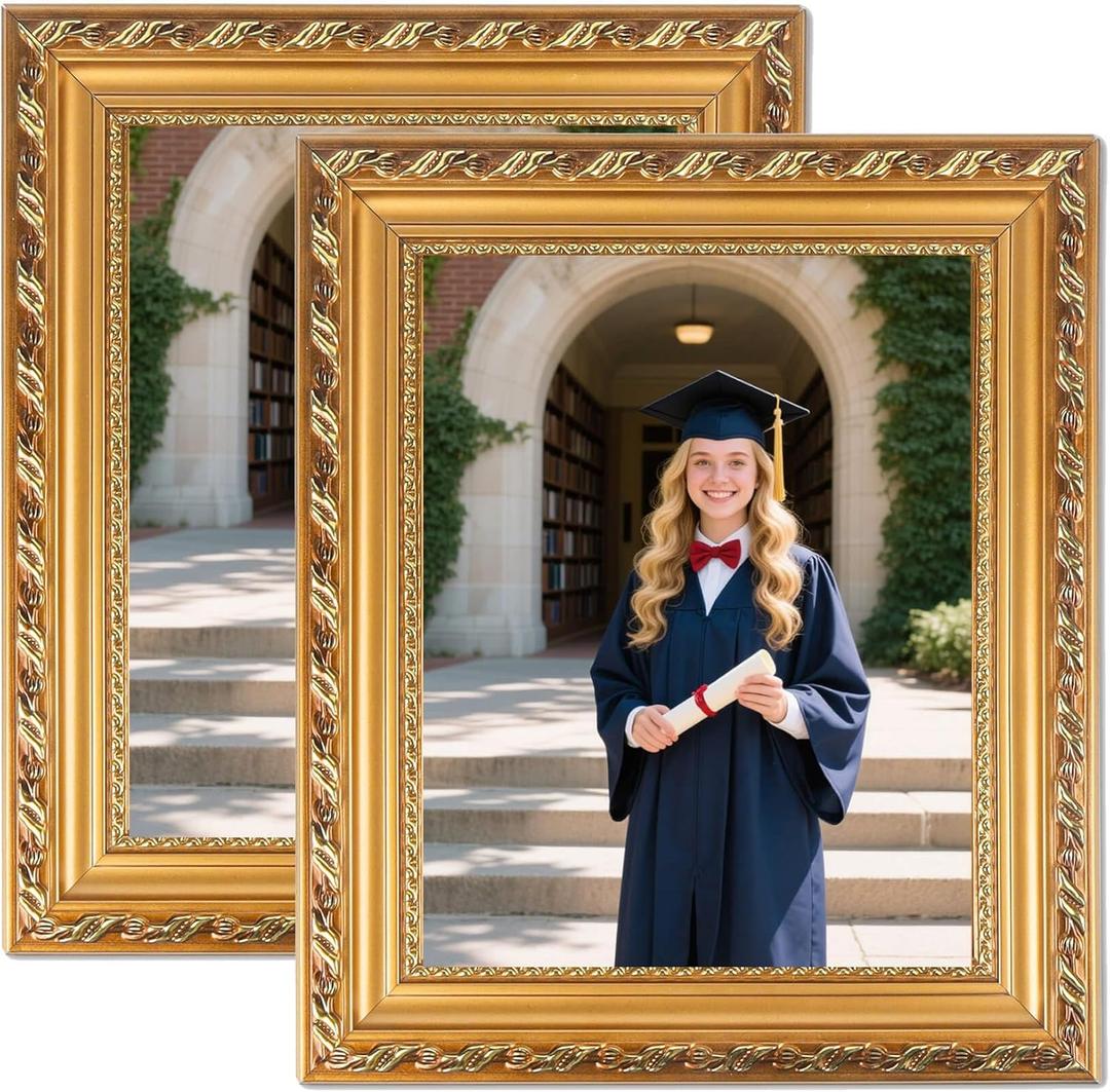 Gold 11x14 Picture Frame 2 Pack - Ornate Wedding Frame 11 x 14 Vintage Photo Frames for Wall or Tabletop, Solid Wood Picture Frame for Certificate, Familiy, Oil Painting with Easel Back & Hanger, Horizontal and Vertical Display for Home Gift, Desk Decor