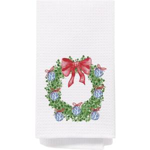 SPBL&L Chinoiserie Christmas Red Bow Wreath Decorative Hand Towels for Bathroom, Kitchen Dish Towels, 16x24 Inch, Set of 2