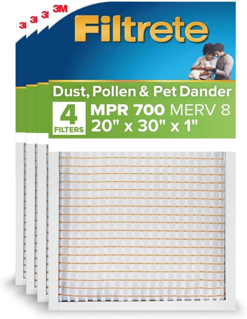 Filtrete 20x30x1 AC Furnace Air Filter, MERV 8, MPR 700, Tough on Pollen, Easy on Airflow, 3-Month Pleated 1-Inch Electrostatic Air Cleaning Filter, 4-Pack (Actual Size 19.880 x 29.880 x 0.8125 in)