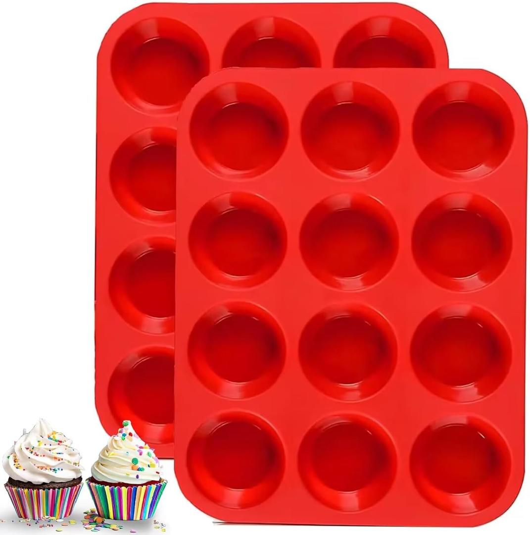 12 Cups Silicone Muffin Pan, 2 Pack Non-Stick Cupcake Pans Silicone Muffin Tray Baking Pan for Making Muffin Cakes, Cupcake, Bread, Tart, Egg Bites