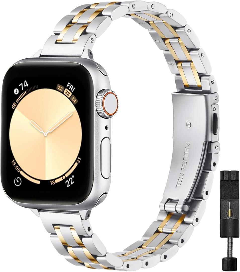 STIROLL Thin Replacement Band Compatible for Apple Watch 38mm 40mm 41mm 42mm(Series 11 10), Stainless Steel Metal Wristband Women Men for iWatch Ultra SE Series 9 8 7 6 5 4 3 2 1, Silver Gold