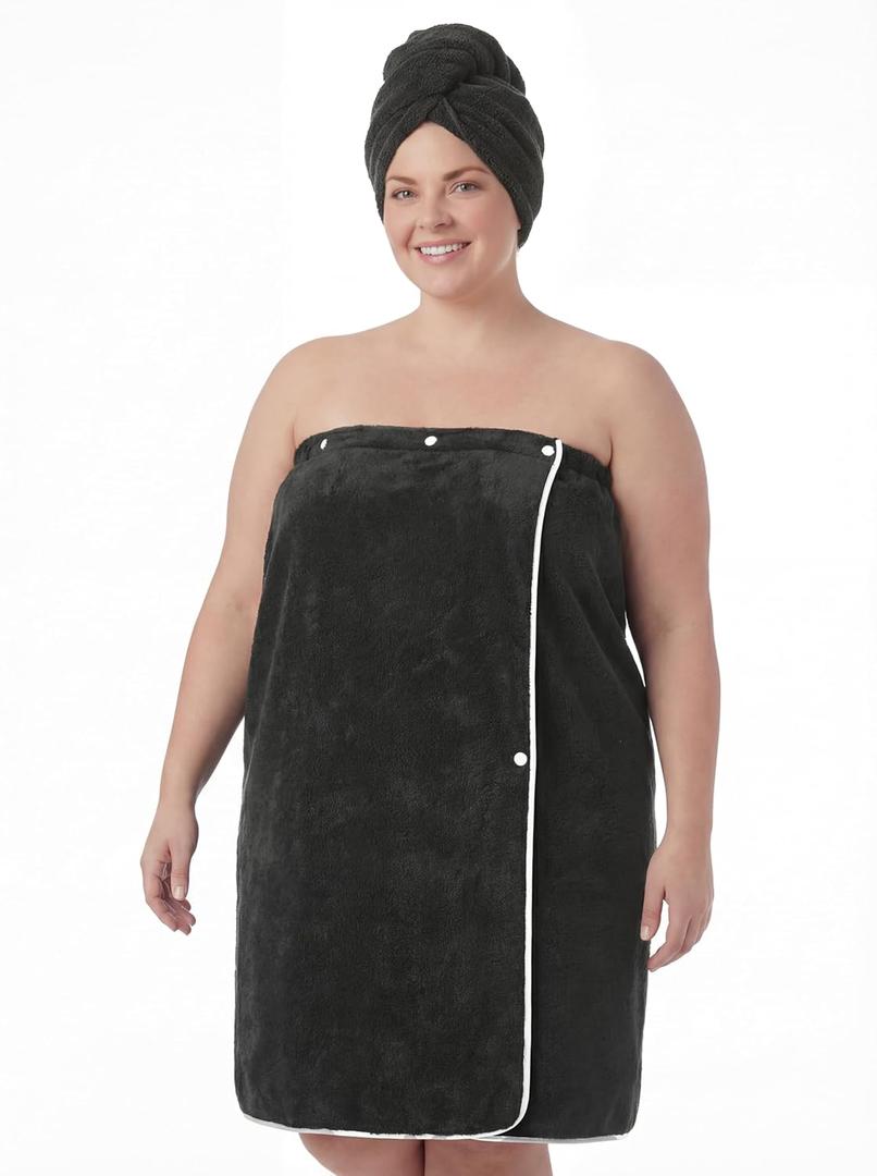 Towel Wrap for Women Plus Size (4XL-6XL) with Hair Towel Wrap, Microfiber Bath Wrap Soft & Comfortable Absorb Water Body Wrap Oversized Button Design, Charcoal