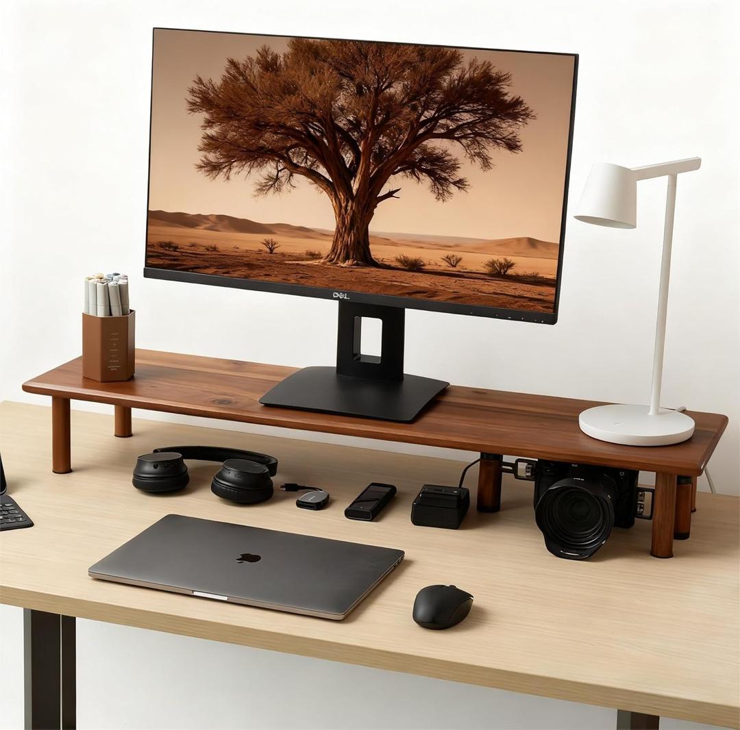 Dual Monitor Stand Riser, Acacia Wood Desktop Shelf with Storage