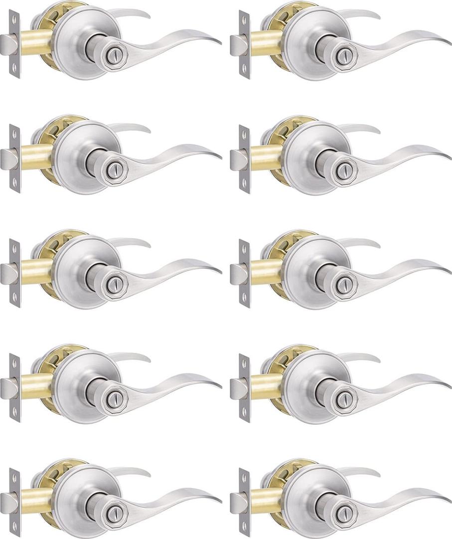 10 Pack Privacy Door Handle, Brushed Nickel Reversible Door Lever Perfect for Interior Door and Closet, Traditional Wave Style Privacy Door Lock