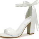 PARTY Women's Chunky Heels Open Toe Ankle Strap 3 inch Heeled Sandals (7.5, White Pearl)
