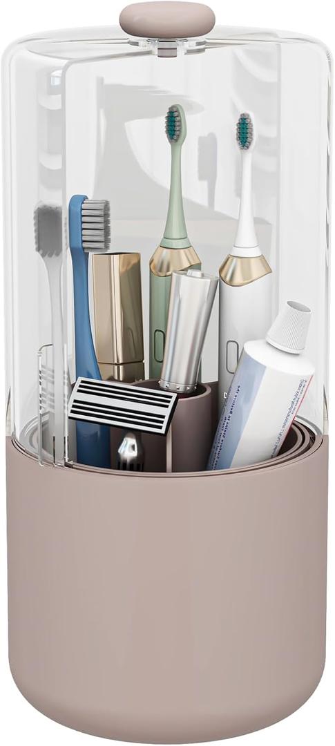 YOOLENS Toothbrush Holder with Cover 360 Rotating 4 Compartments Bathroom Toothpaste Electric Toothbrush Organizer, Pink