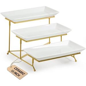 LAUCHUH 3 Tier Serving Stand Porcelain Serving Platter Tier Serving Trays with Collapsible Sturdier Rack, Serving Dishes and Platters for Valentine's Day, Christmas, Entertaining, Gold, 12 Inch