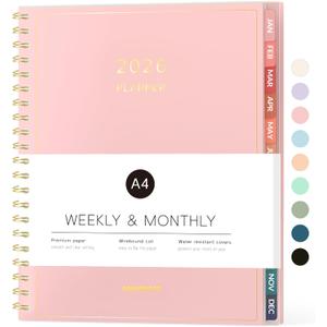 2026 Planner, Forvencer Calendar Planner Weekly and Monthly (Jan 2026-Dec 2026), 8.5" X 11", Spiral Agenda Book with Inner Pocket, Cute Daily Journal Planning with Tabs, Flexible Cover Notebook, Home College Organizer for Women Men, A4, Pink