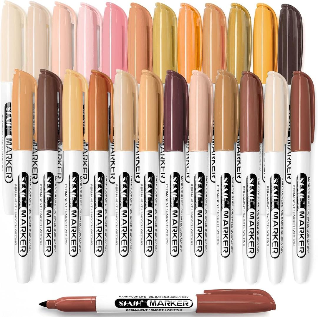 SFAIH 24 Skin Tone Permanent Markers - Assorted Portrait Colors, Fine Tip Alcohol-Based Marker for Portrait, Figure, Animals, Trees Painting, Coloring Book, Decorate Wood, Quick Drying, Fade Resistant