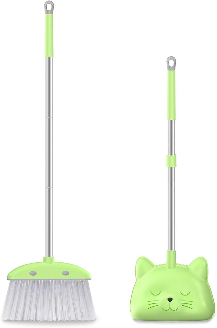Mini Broom with Dustpan for Kids, 28-in Handle Kids Broom and Dustpan Set for Toddlers Cat-Shaped Children Broom and Cleaning Set Boys Girls Small Housekeeping Helper Set, Green
