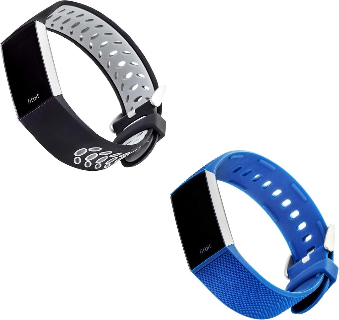 WITHit Designer Band Compatible with Fitbit Charge 3 & Fitbit Charge 4 (2 Pack, Black/Grey Sport & Blue Woven)