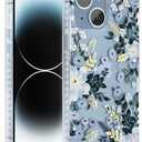 SCORPIFY for iPhone 15 Case with Blue Nemophila Floral Design, Cute Clear Flower Phone Cover for Women Girls, [Non Yellowing] Slim Shockproof Bumper with Gold Accents
