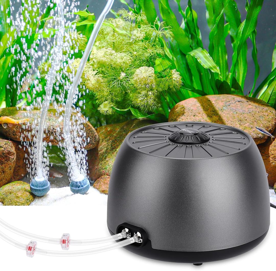 hygger Quiet Adjustable Aquarium Air Pump, 5W/8W Dual Output Fish Tank Air Pump, Energy-Saving Oxygen Aerator with Air Stone Bubbler for Fish Tank, Hydroponic