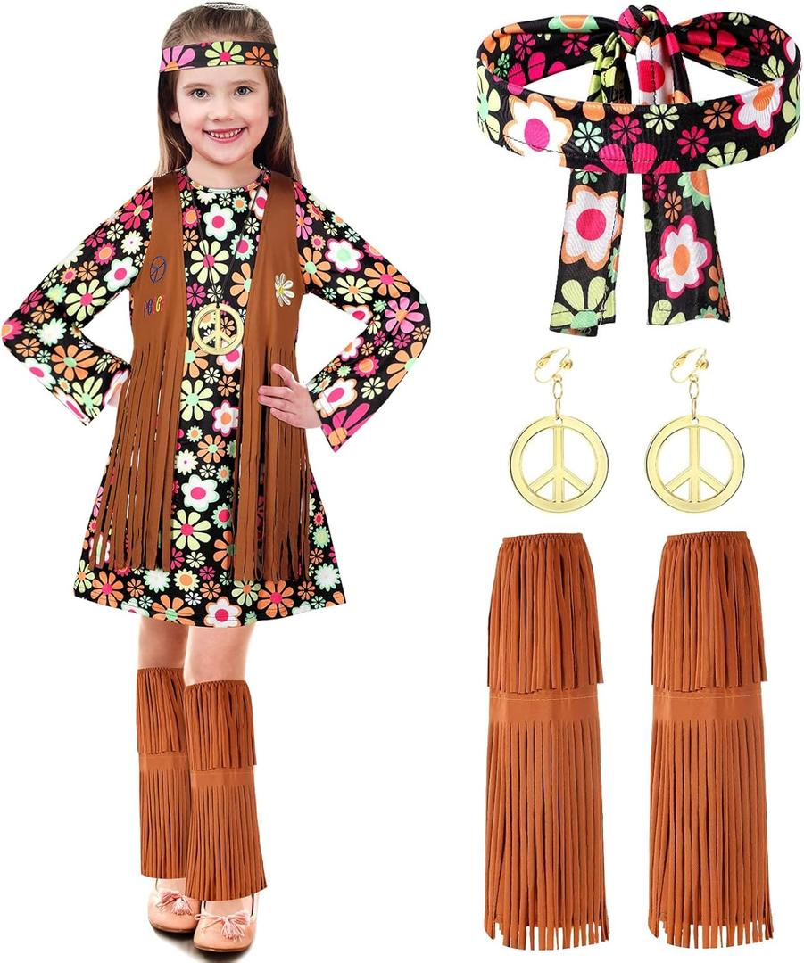 Haysandy Kids Hippie Costume Set 60s 70s Hippie Dress Peace Sign Party Accessories for Carnival Halloween Cosplay Party (Small, Cute Style)