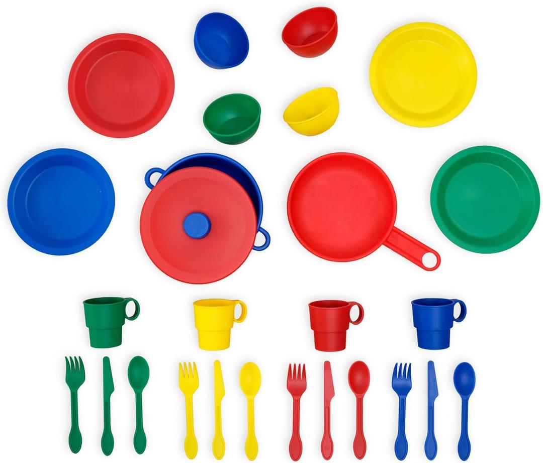 KidKraft 27-Piece Primary Colored Cookware Set, Plastic Dishes and Utensils for Play Kitchens, Gift for Ages 18 mo+ KidKraft 27-Piece Primary Colored Cookware Set, Plastic Dishes and Utensils for Play Kitchens, Gift for Ages 18 mo+