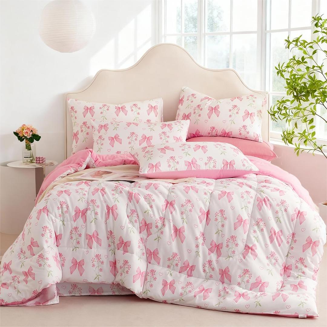 CCoutueChen Pink Bow Comforter Set Full 3Pcs Pink Floral Bedding Set for Girls Kids Romantic Princess Style Bowknot Bedding Ultra Soft Reversible Garden Flower Comforter Sets with 2 Pillowcases (Full(80" x 90"))