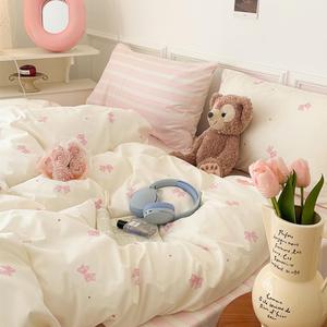 Nayoroom Bow Duvet Cover Queen Size 100% Cotton White Pink Striped Reversible Coquette Bedding Set 3 Pcs Soft Breathable Cute Aesthetic Comforter Cover with Zipper Closure Gift for Women Girls