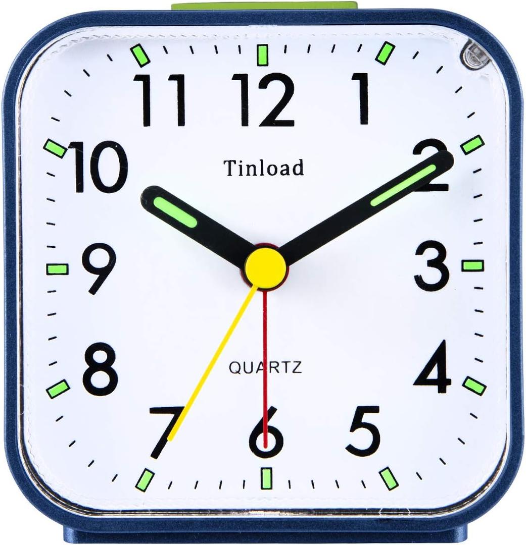 Tinload Small Battery Operated Analog Alarm Clock Silent Non Ticking, Ascending Beep Sounds, Snooze,Light Functions (Blue)