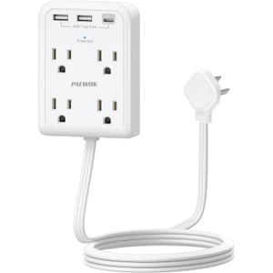 Flat Multi Plug Extender with 3 USB Wall Charger(1 Type C), 4 Outlet Wall Adapter, 4 ft Thin Extension Cord, Flat Plug Surge Protector Power Strip for Home, Office, College Dorm. White