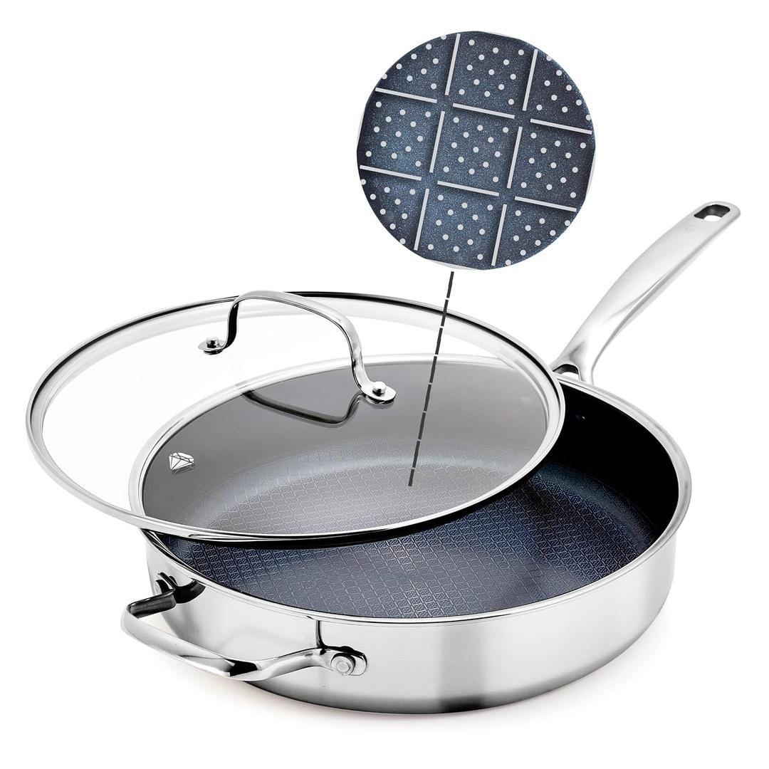 Blue Diamond Hybrid Nonstick Stainless Steel 4QT Saute Pan with Glass Lid, PFAS-Free Ceramic Diamond Bond, Deep Jumbo Skillet, Induction Ready, Dishwasher & Metal Utensil Safe, Stay-Cool Handle