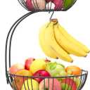 RICCLE Fruit Basket For Kitchen Counter - Fruit Basket With Banana Hanger - Double Layer Metal Wire Fruit Bowl For Kitchen Countertop - Fruit Holder For Produce, Vegetables, Kitchen
