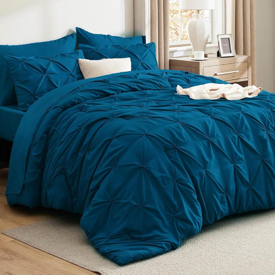 Bedsure California King Comforter Set Teal - Bed in a Bag Cal King Bedding Set 7 Pieces, GentleSoft Pintuck Bed Set Gift for Family, Pinch Pleat Teal Comforter with Sheets, Pillowcases & Shams