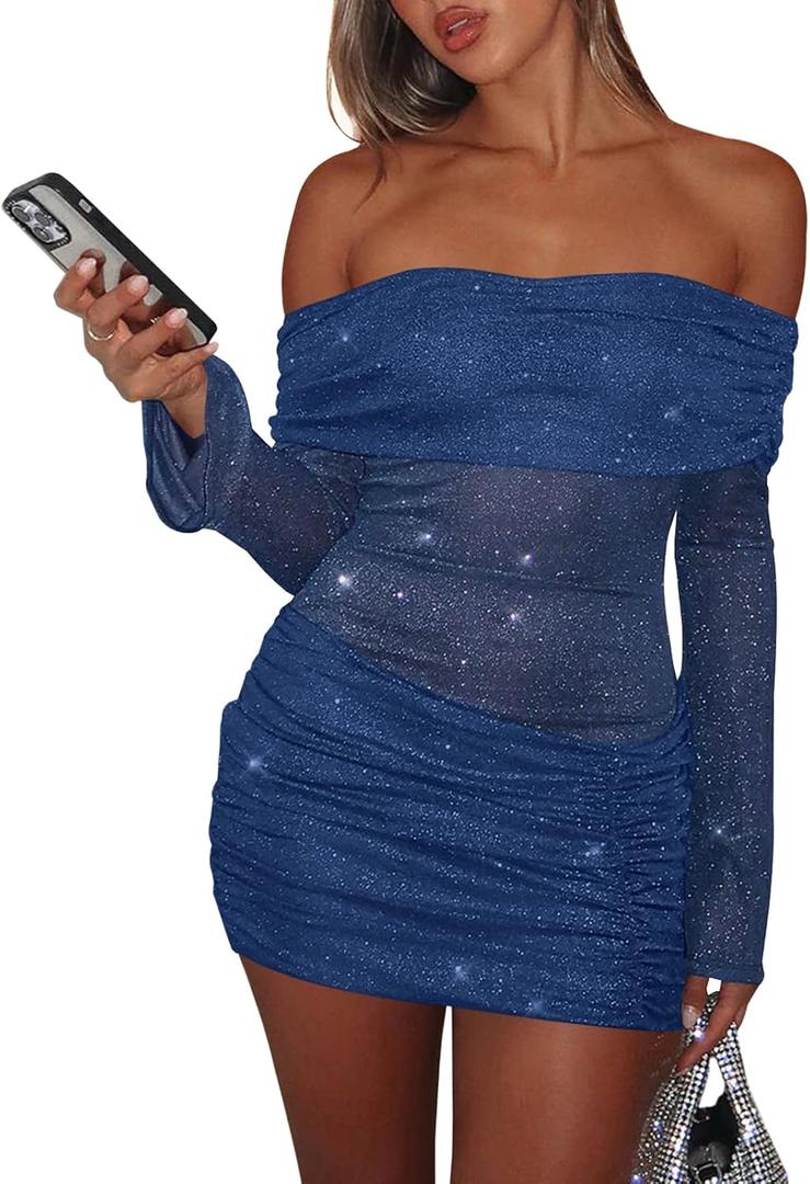 Womens Sexy Off Shoulder Bodycon Mini Dress Mesh Ruched Y2K Club Dresses | Flared Long Sleeve, Sexy Party Night Going Out Birthday Dresses, Sparkly, Stretchy (Blue)