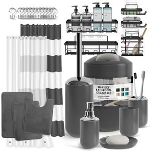 Clara Clark Bathroom Accessories Set - 28PC Bathroom Set with Adhesive Corner Shower Caddy Hanging, Bathroom Sets with Shower Curtain and Rugs, Grey Shower Curtain Set with Bathroom Trash Can