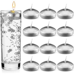 Nuanchu 12 Pieces 1. 65 Inch Floating Candles for Wedding Centerpiece, Small Unscented Floating Round Tealights Metallic Smooth Wax Disc Candles for Graduation Dinner Home Decor(Silver)