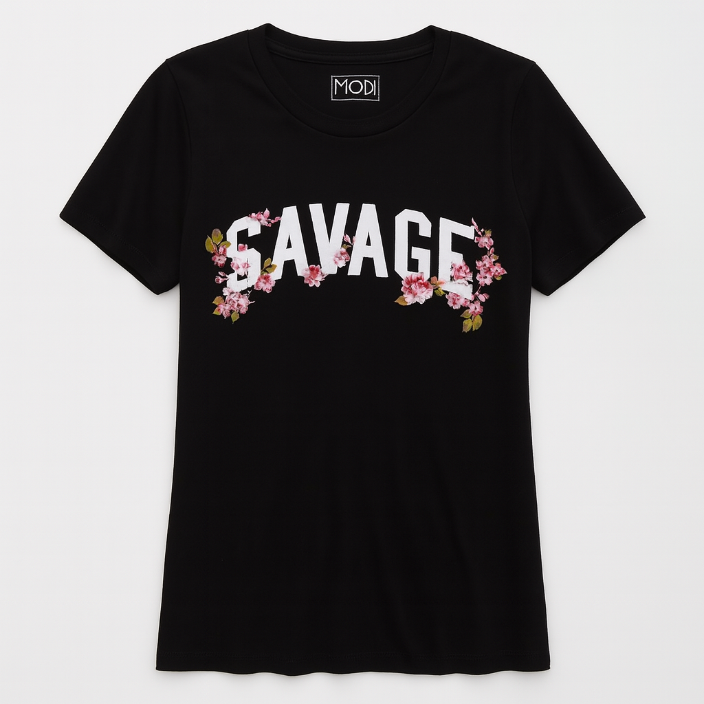 Modern Lux Tee SAVAGE Floral Graphics Top Black Short Sleeves, Size M 