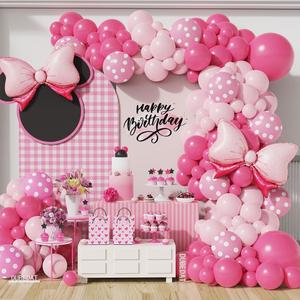 Pink Mouse Balloon Garland Arch, 136Pcs Pink Rose Polka Dots Balloon for Mouse Theme Birthday Girl Baby Shower Decoration