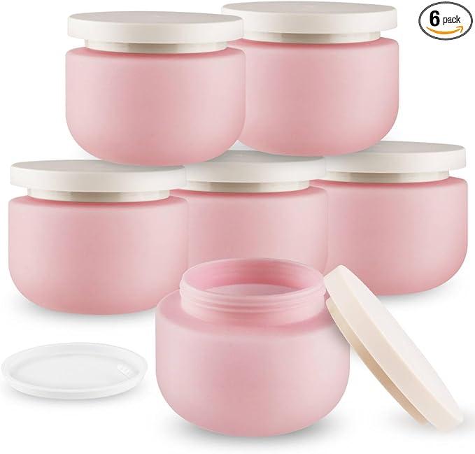 6 Pack 8 OZ HDPE Round Plastic Jars,Empty Wide Mouth Soft Slime Jars Cosmetic Container with Lids for Lotion,Hand Cream,Ointments,Moisturizer,Body Butter,Rhinestone,Travel Make Up Storage Pot (Pink)