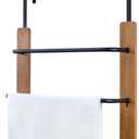 MyGift Over The Door Towel Rack for Bathroom, Rustic Solid Burnt Wood Towel Storage Organizer, 3 Tier Matte Black Metal Towel Bar, Space Saving Bathroom Door Hanging Towel Holder