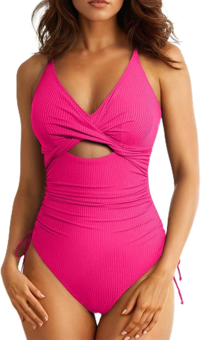 Aleumdr Women's Ribbed One Piece Swimsuit Tummy Control High Cut Bathing Suit Sexy V Neck Criss Cross Monikini, XL
