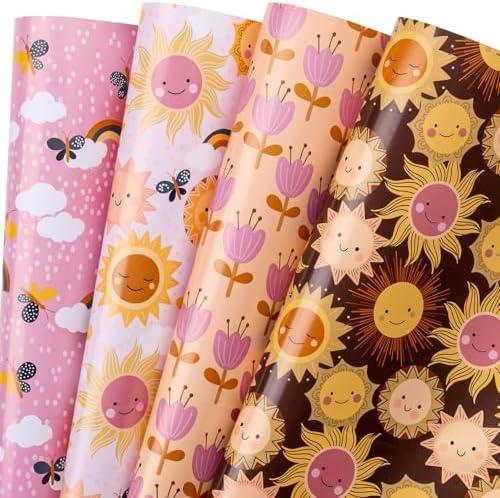 RUSPEPA Wrapping Paper Sheets - Sun, Rainbow and Flower Design Perfect for Birthday, Baby Shower, Holiday Any Occasion - 12 Folded Sheets - 19.68 X 27.5 Inch