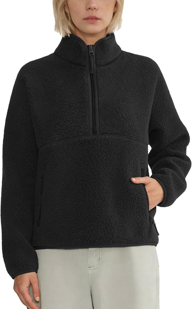 Slouchy Fleece Sweatshirts for Women Half Zip Stand Collar Pullovers Fuzzy Warm Sherpa Cropped Hoodie with Pockets (Small, Black)