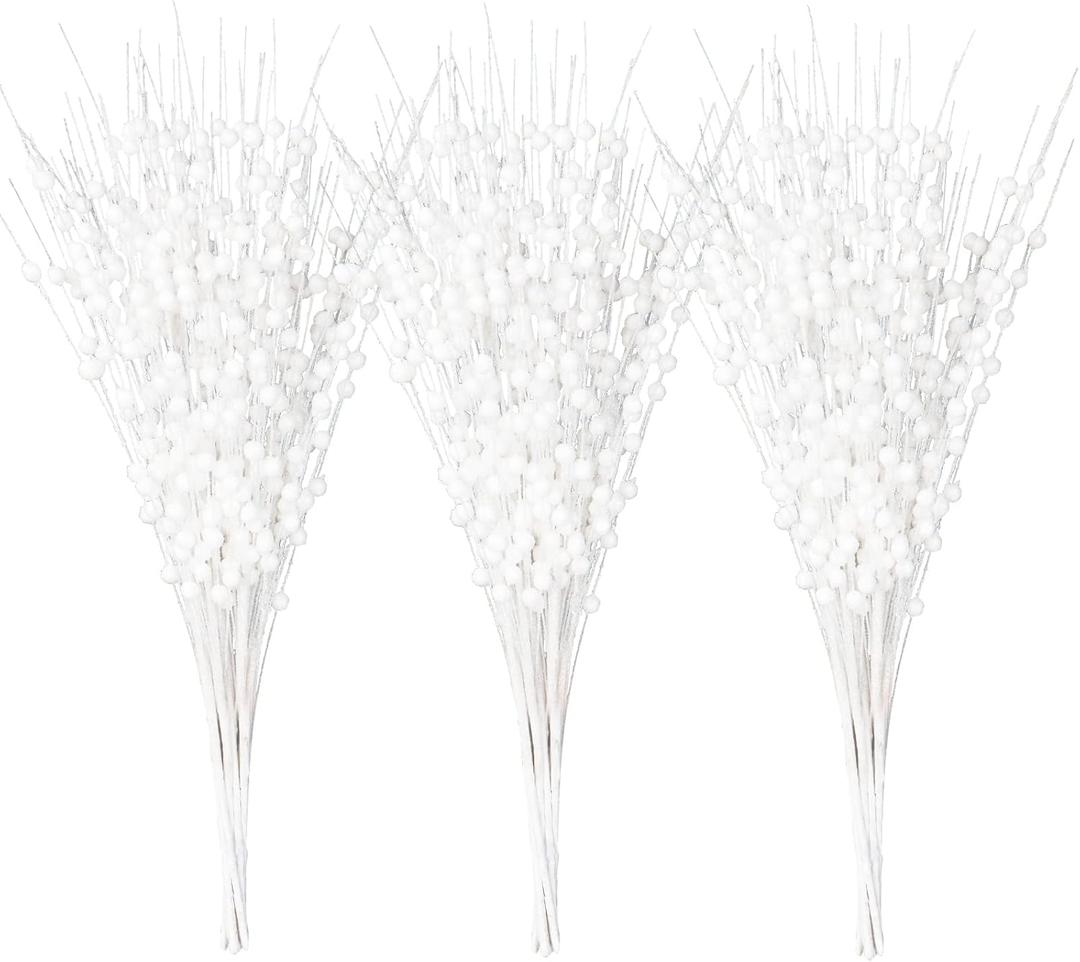 24 PCS Artificial Glitter Holly Berry Stem Ornaments Berry Picks Branches Glittery Bead Sticks for Christmas Tree Decorations Wreath Vase and Home Decor, White
