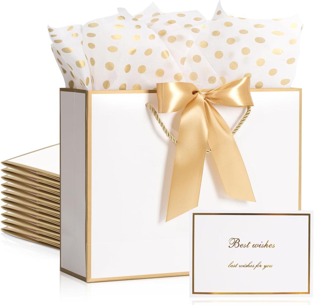 PASEOTA 12.6" Gift Bags Medium Size Set of 10 - Includes Tissue Paper, Cards & Ribbons, Luxury Gift Bags with Handles for Bridesmaid Wedding Birthday (12.6" x 9.8" x 3.9", White Gold)