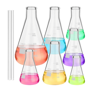 7 Pack Glass Erlenmeyer Flask Set with Glass Stirring Rod, 7 Sizes, 50ml, 100ml, 150ml, 200ml, 250ml, 300ml, 500ml, Borosilicate Erlenmeyer Flasks with Printed Graduation for Lab Chemistry