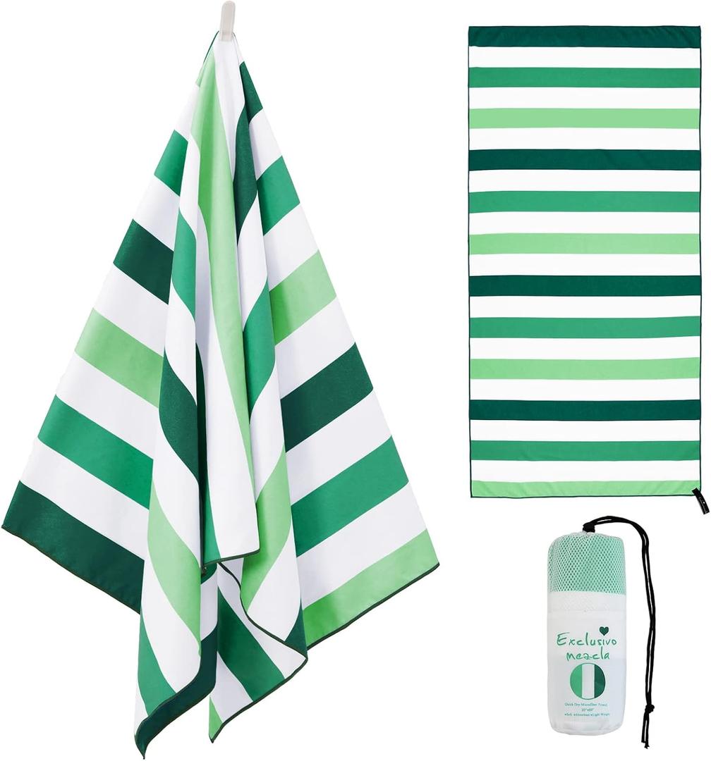 Exclusivo Mezcla Large Quick Dry Beach Towel, Microfiber Sand free Cabana Stripe Pool Bath Swim Towel with Bag, Lightweight and Thin (Forest Green, 30x60 Inches)