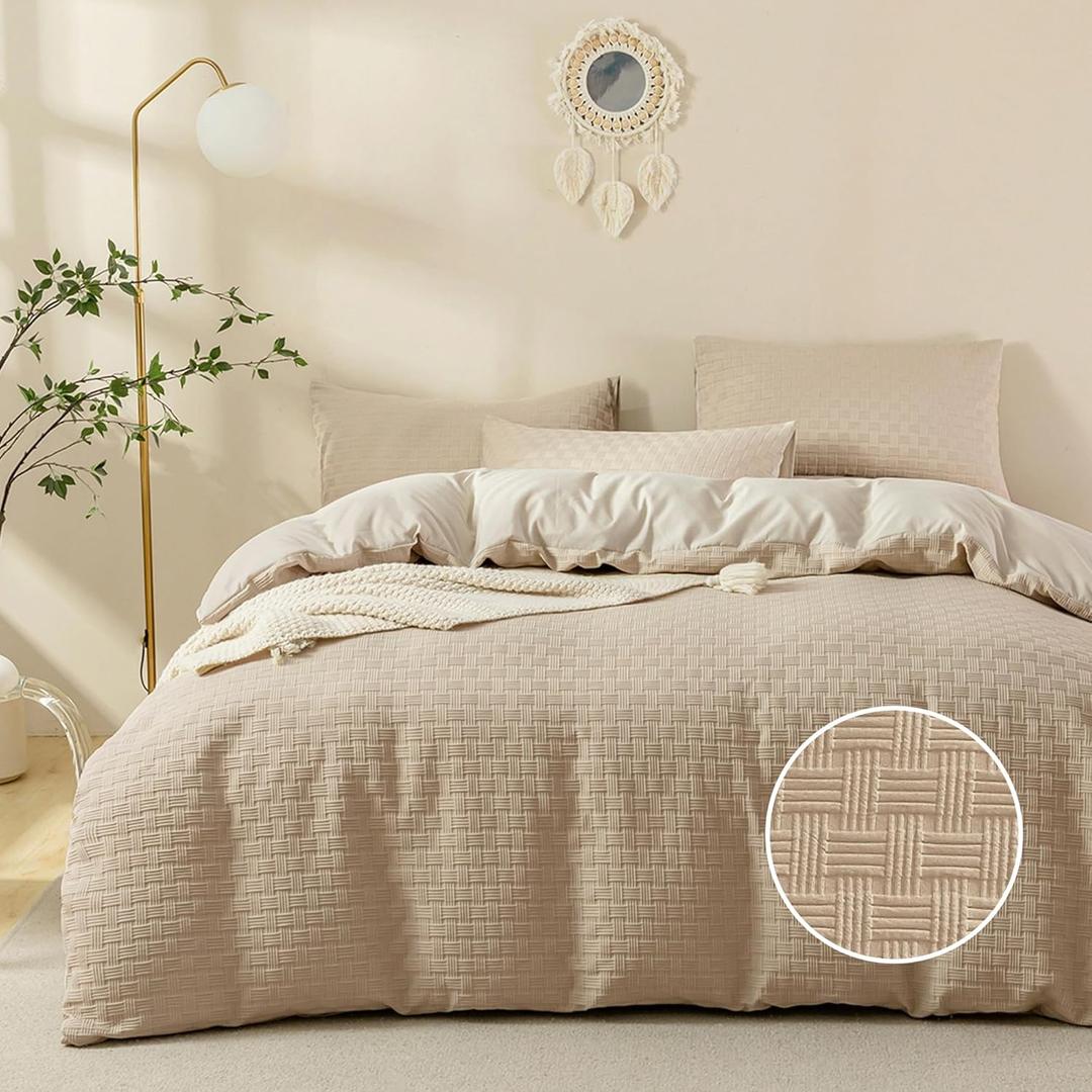JELLYMONI Duvet Cover Queen Size Waffle Weave Duvet Cover Set Khaki 3PCS Soft Microfiber Tufted Textured Breathable Knitted Jacquard Striped Comforter Cover with Corner Ties & Zipper Closure