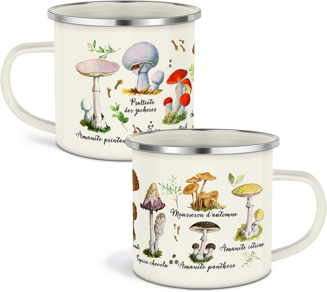 Cunhill Mushroom Enamel Mug Set 2 Pieces Back to School Teacher Gifts Kawaii Mushroom Coffee Cup Thank You Gift Enamel Camp Mug Cute Decor Tin Tumbler Travel Spring Hiking Walking Camping(White)